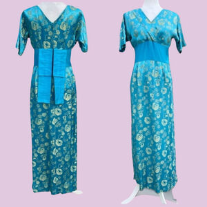 Vintage MCM Pikake Fashion Blue Gold Lotus Satin Gown Small